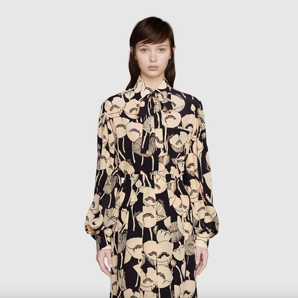Gucci Black and White Floral Silk Blouse - Picture 2 of 16